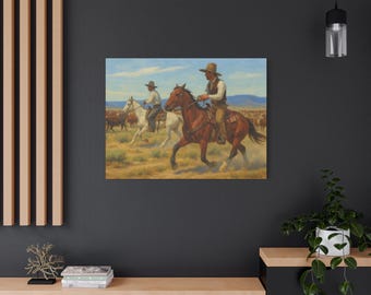 Western Cowboy Cattle Drive Canvas Art, Vintage Horse Riders & Ranch Scene Wall Decor, Rustykalne Dzieła Sztuki Domowej W Stylu Południowo-Zachodnim