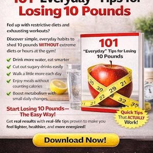 Puede incluir: Imagen promocional para un ebook titulado "101 consejos diarios para perder 10 libras". La portada presenta una manzana envuelta con una cinta métrica. El texto incluye consejos para perder peso y una llamada a la acción para descargar el ebook.