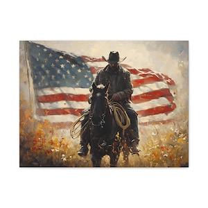 Canvas Print, Western Cowboy American Flag Wall Art, Rustic Country Patriotic for Office, Living Room, Vintage Horse, USA Flag