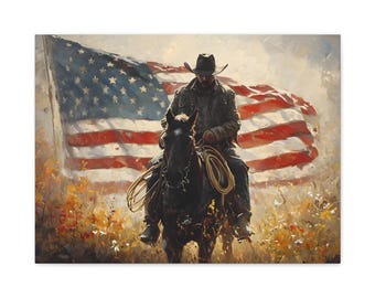 Canvas Print, Western Cowboy American Flag Wall Art, Rustic Country Patriotic for Office, Living Room, Vintage Horse, USA Flag