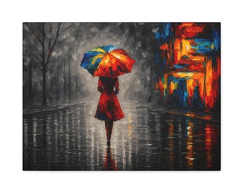 Colorful Rainy Street Wall Art Print, Woman with Umbrella in Red Dress, Abstract Oil Painting, Modern Home Decor