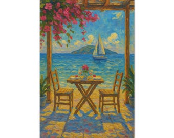 Puede incluir: Una pintura vibrante representa una escena costera con una mesa para dos bajo una pérgola de madera. Flores rosas caen desde arriba. Un velero navega sobre el agua azul, y una pequeña isla está a lo lejos. La pintura evoca tranquilidad.