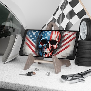 Patriotic Skull Vanity Plate, Unique Car Accessory, Customizable License Display, American Flag Decor, Gift for Motor Enthusiasts