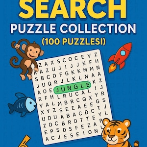 May include: A blue cover for a Big Word Search Puzzle Collection with a monkey, fish, rocket, and tiger illustrations. The puzzle page shows the word "JUNGLE" highlighted. Text reads "Great for Kids, Adults & Seniors."