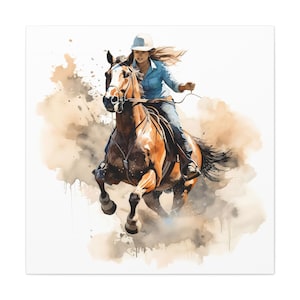 Cowgirl on Horse Wall Art Print Western Rodeo Decor, Rustic Country Girl Canvas, Equestrian Horseback Art for Farmhouse or Ranch