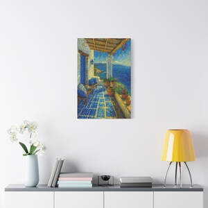Greek Island Balcony Wall Art, Blue Door & Sea View Oil Painting Print, Mediterranean Home Decor, Coastal Landscape Canvas