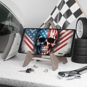 Vanity Plate, Skull American Flag Motorcycle Decor, Patriotic License Plate for Dad, Custom Car Decoration, for Biker, Unique License