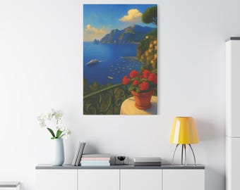 Küsten Ansicht Leinwand Ozean Balkon Wand Kunst, Strand Haus Dekor, Landschaft am Meer, Nautische Wohnkultur, entspannendes Kunstwerk