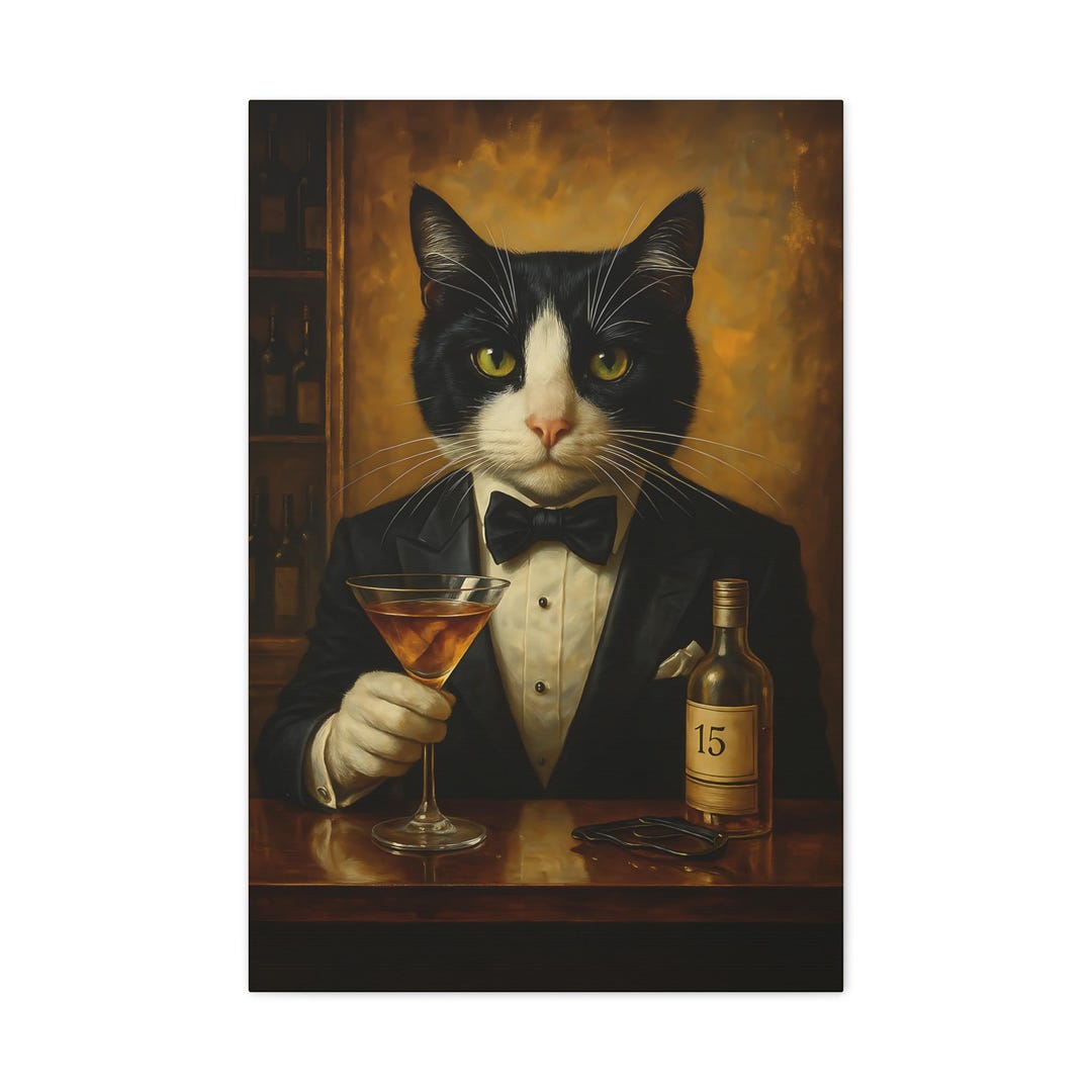 Classy Tuxedo Cat Wall Art Print, Elegant Black Tie Cat With Cocktail ...