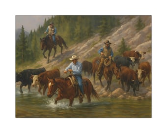 Impresión de arte mural de vaquero con arreo de ganado, jinetes del oeste, escena rústica de rancho, decoración de casa de campo, impresión de obra de arte de vaquero