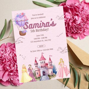 Invitación de cumpleaños de princesa editable / Invitación de fiesta de niña rosa / Tarjeta de castillo de princesa / Plantilla digital Canva / Descarga instantánea
