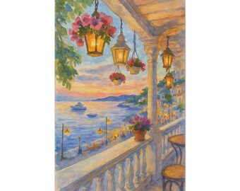 May include: Watercolor painting of a seaside cafe at sunset. The scene features hanging lanterns with pink flowers, a white balustrade, and tables with chairs. The ocean and distant buildings are visible.