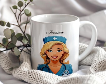 May include: White ceramic mug featuring a cartoon illustration of a smiling nurse with blonde hair, a blue uniform, and a stethoscope. The name "Jessica" is written above the illustration. The mug has a white handle.