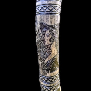 Hand Carved Hecate Staff: Birch Walking Stick with Torch, Owls & Celtic Knotwork
