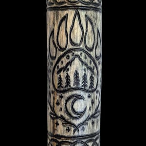 Hand Carved Walking Stick – Birch Wooden Staff with Bear Paw & Crescent Moon 134cm