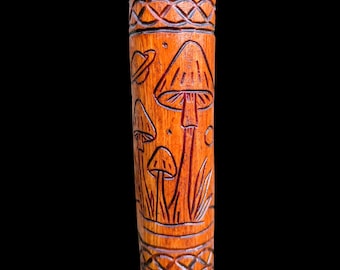 Cosmic mushrooms Birch Walking Stick - Hand carved staff with Celtic Knotwork (145cm)