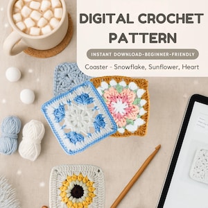 スクエアクロッシェコースターのパターン：花、雪の結晶、邪眼（デジタルPDF）