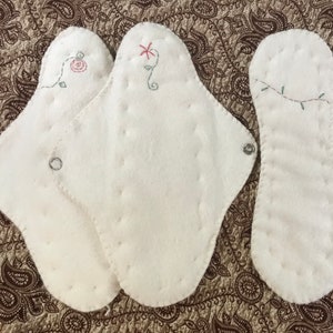 Three count, 100%  Organic Cotton  Cloth Menstrual Pads, moderate flow plus pantyliner , Menarche
