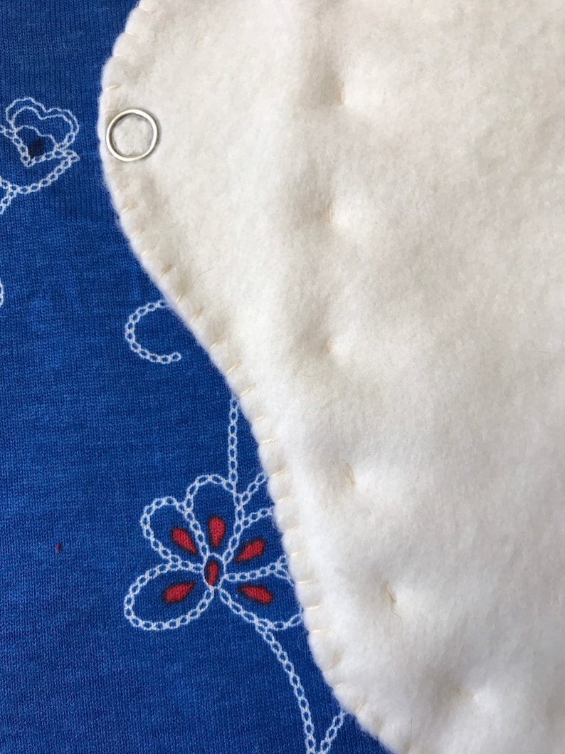 May include: Close-up of a white, rounded fabric piece with a metal ring attached, stitched to a blue fabric. The blue fabric has a floral pattern in white and red.