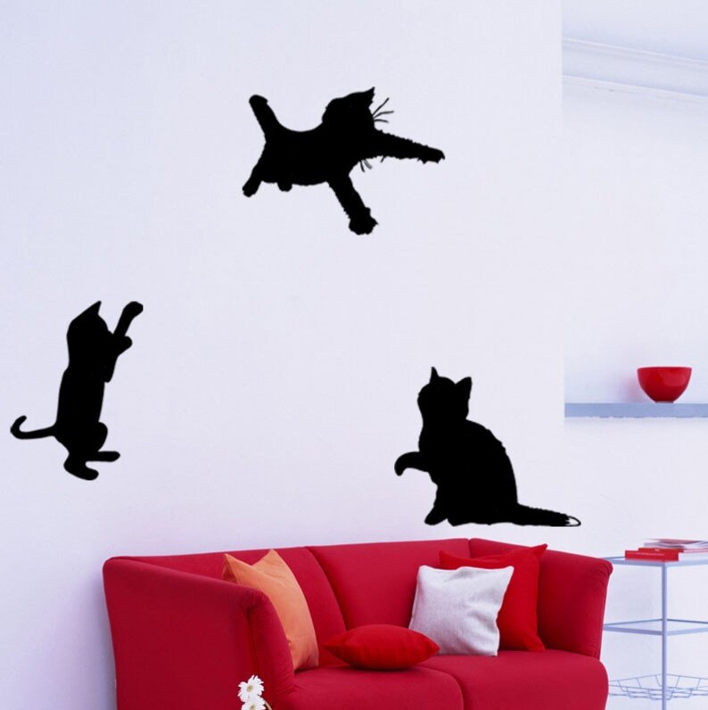 Set of 3 Black Cats Silhouettes Playful Kitties Wall Vinyl Decal Home Interior Art Decor image 1