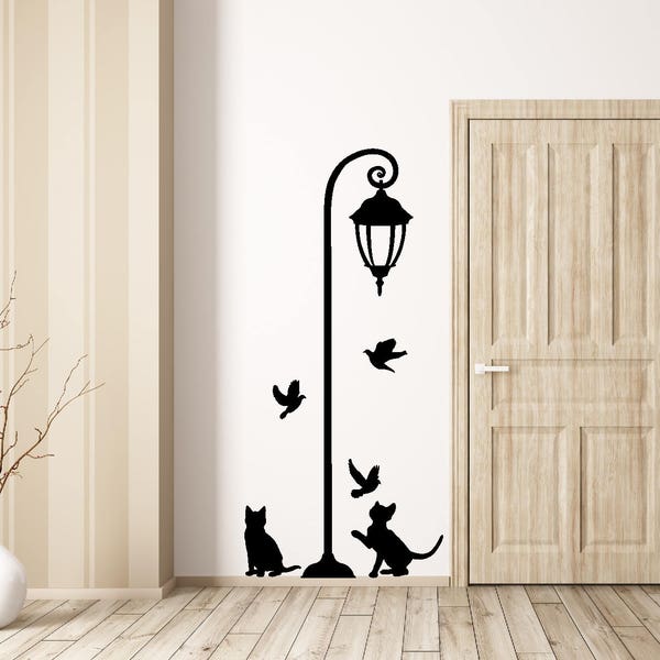 Cats with Birds Urban Street Wall Silhoettes and Old Lamp Post Vinyl Sticker Decal