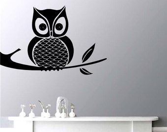 Owl on Branch Vinyl Wall Decal Night Hawk Birds Life Home Art Interior Decor Design