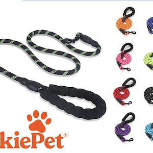 May include: A variety of dog leashes in different colors, including black, green, orange, blue, pink, yellow, red, and purple. The leashes have a padded handle and a clip for attaching to a collar. The brand name "OkiePet" is visible.