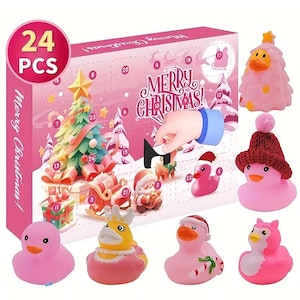 May include: A pink Christmas advent calendar with 24 doors, each with a number. The calendar features a Christmas tree and a sleigh. There are 10 pink rubber duck toys, each with a different design, including a Christmas tree, a Santa hat, and a reindeer.