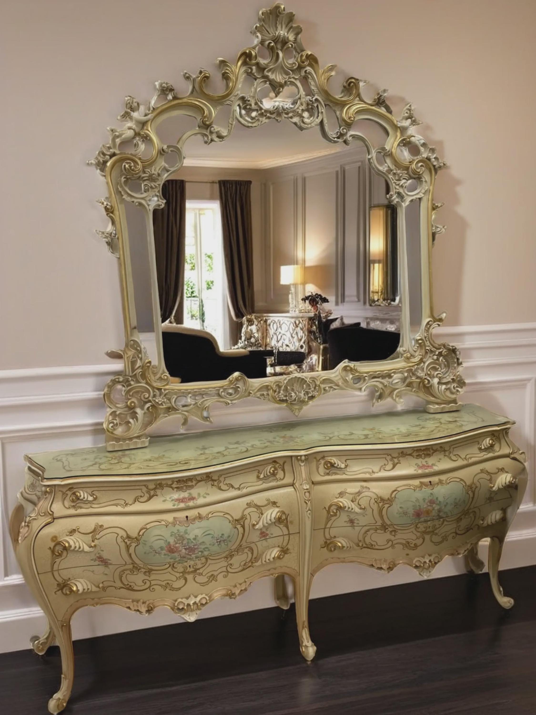 Exquisite Italian SILIK Set: Baroque Mirror and Commode in Hand