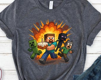 Camiseta de juego de minas, camiseta de gamer, camiseta de cumpleaños estilo pixel, regalo de gaming, camiseta de videojuego, diseño de pastel estilo Steve, camiseta de gamer geek