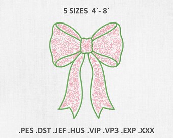 May include: A pink and green embroidered bow design with floral patterns. The text "5 SIZES 4'-8'" is above the bow. Below the bow are the file types: .PES .DST .JEF .HUS .VIP .VP3 .EXP .XXX.