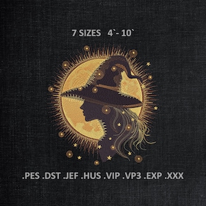 Moon Witch Machine Embroidery Designs, Witchy Vibes Embroidery Files, Halloween Good Witch DST PES Files, Digital Download, sizes 7