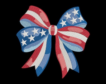 May include: Embroidered bow in red, white, and blue, featuring stripes and stars. The bow is a patriotic design, perfect for Independence Day or other national holidays. The bow is set against a black background.