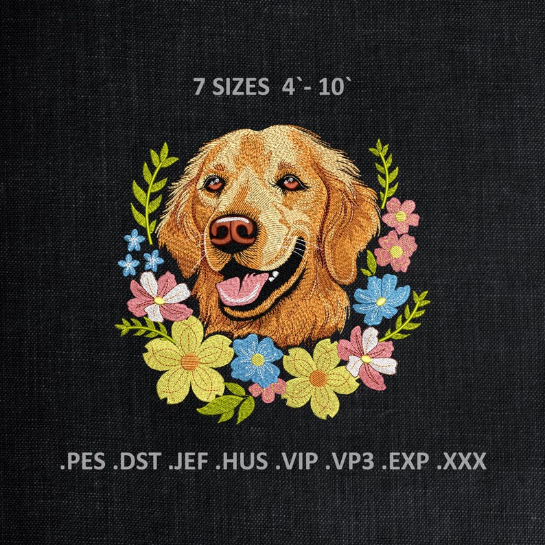 Floral Golden Retriever Machine Embroidery Designs, Labrador PES DST ...