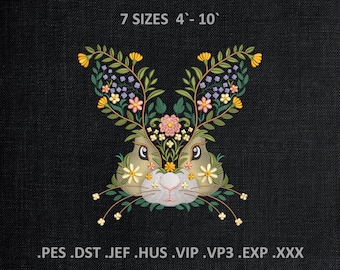 Floral Rabbit Machine Embroidery Designs, Spring Bunny PES DST Files