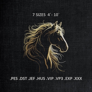 May include: A black background featuring a golden horse head embroidery design. The design includes the text "7 SIZES 4'-10'" and file type extensions .PES .DST .JEF .HUS .VIP .VP3 .EXP .XXX.