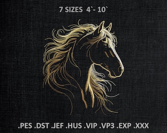 May include: A black background with a golden horse head embroidery design. The design includes the text "7 SIZES 4'-10'" and file type extensions .PES .DST .JEF .HUS .VIP .VP3 .EXP .XXX.