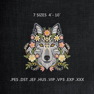 Diseños de bordado a máquina de lobos florales: archivos PES JEF DST de animales salvajes