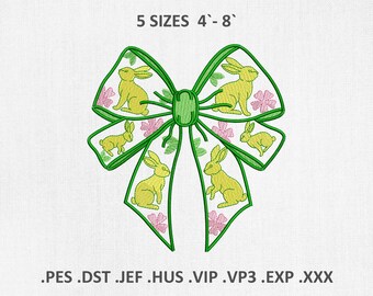 Spring Bow Machine Embroidery Designs: Floral Easter Rabbit PES JEF DST Files