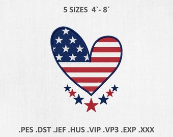 May include: Embroidered heart design in red, white, and blue, resembling the American flag. The design includes stars and stripes, with the text "5 SIZES 4'-8'" above the heart. Below the heart are additional stars. The image also includes file type extensions.