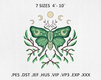 Floral Lunar Moth Machine Embroidery Designs: Mystic Butterfly PES DST Files, Instant Download