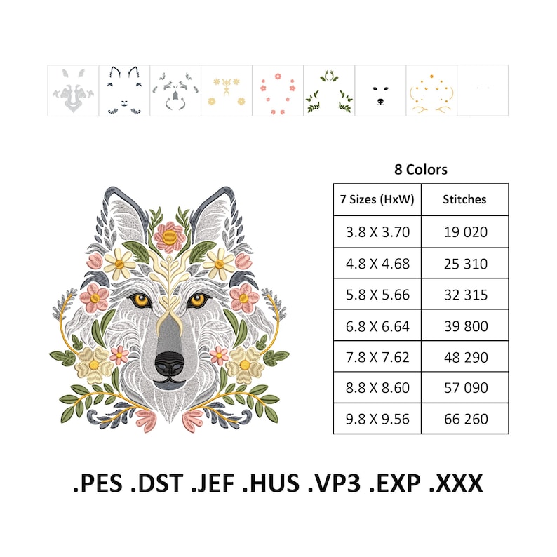 Wolves Dst Floral Wolf Machine Embroidery Designs: Wild Animal PES JEF DST Files ...