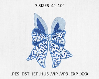 Chinoiserie Bow with Bunny Ears Machine Embroidery Designs, Easter PES DST Files