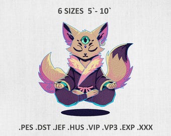 Kitsune Fox Third Eye Machine Embroidery Designs, Japanese Kawaii Embroidery for Shirt, Tote bag, Pillow, Instant Download, PES DST, sizes 6