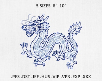 May include: A blue dragon design with floral patterns, featuring the text "5 SIZES 6'-10'". The dragon is detailed with claws and a flowing mane. File formats: .PES .DST .JEF .HUS .VIP .VP3 .EXP .XXX.