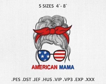 May include: An illustration of a woman's face with a red headband and sunglasses featuring the American flag design. The text "AMERICAN MAMA" is displayed below the image, along with the text "5 SIZES 4'-8'".