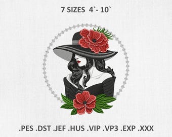 Lady in Hat Machine Embroidery Design: Floral Woman DST JEF PES File, Digital Download