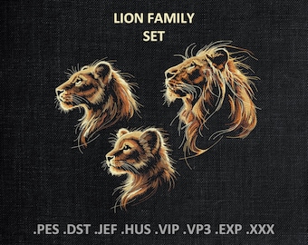 Lion Family Set Machine Embroidery Designs, Wild Cat PES DST Files, for Dark Fabric