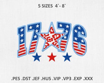 May include: Embroidered design featuring the number "1776" in red, white, and blue, with a star in the center. The design includes stars and stripes, with the text "5 SIZES 4'-8'" above and file extensions below.