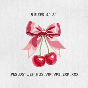 Cherries Pink Bow Machine Embroidery Designs, Coquette PES DST Files